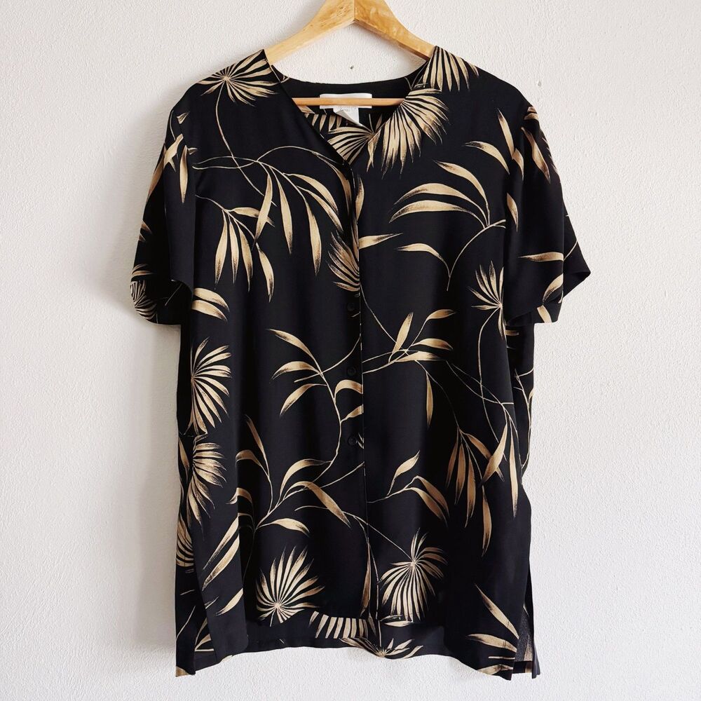 90s vintage palm pattern black silk short sleeve button down top